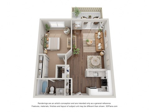 Floor plan for 1 bed, 1 bath, 635 sqft
